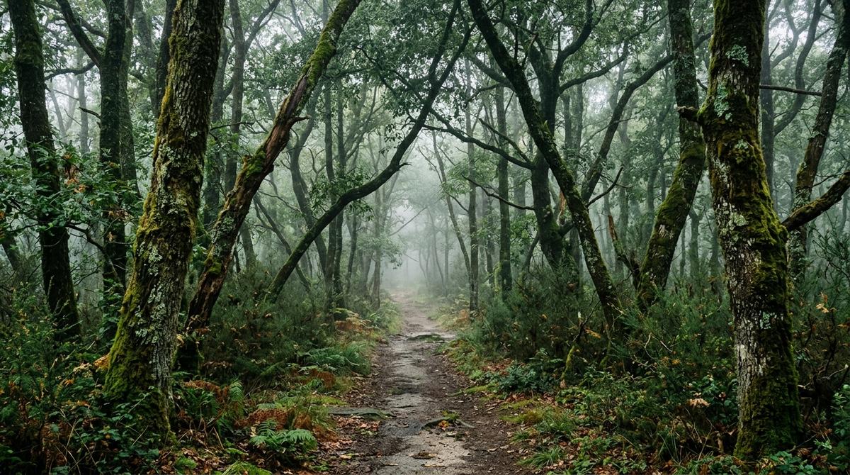 Bosque autóctono con robles cubiertos de musgo y niebla baja en la Serra do Careón.
