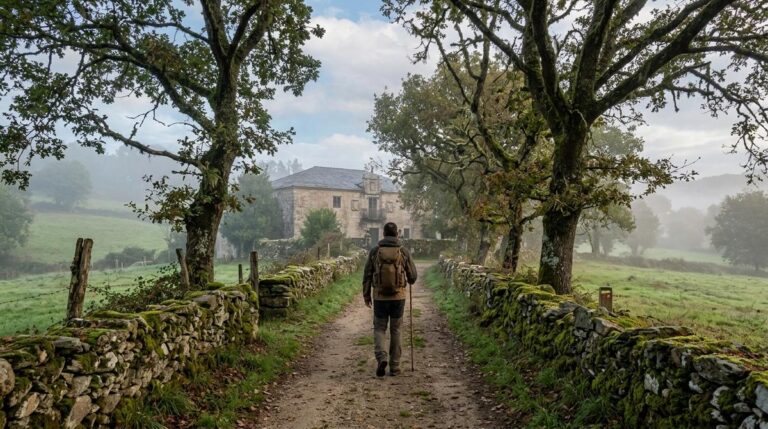 Caminante Solitario En Un Sendero Rural Entre La Niebla Frente A Un Pazo De Piedra En La Comarca De La Ulloa En Palas De Rei