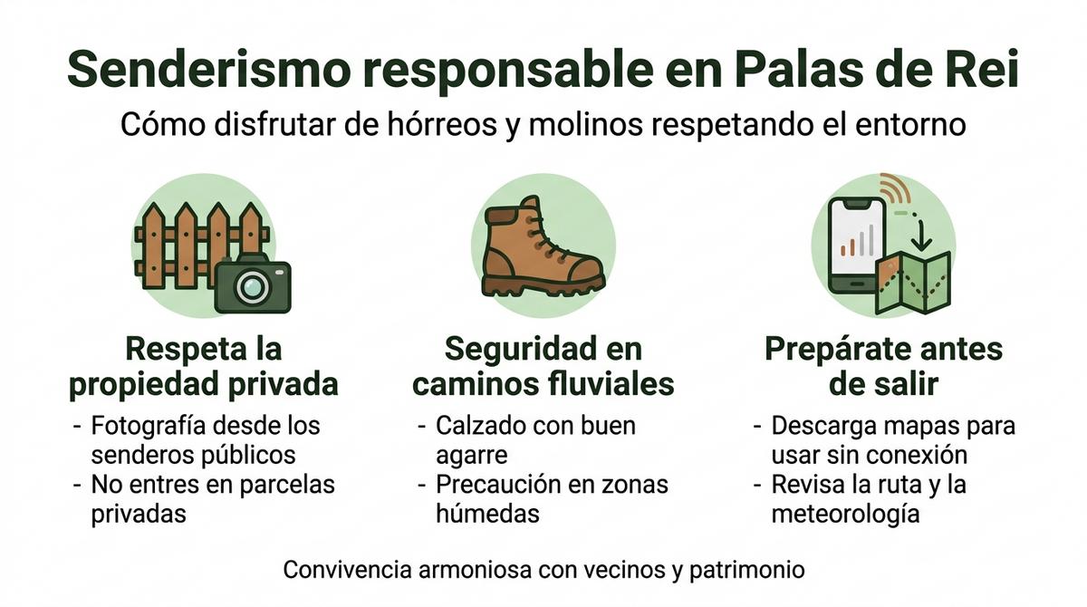 Checklist visual con consejos de senderismo responsable en Palas de Rei para visitar hórreos y molinos.