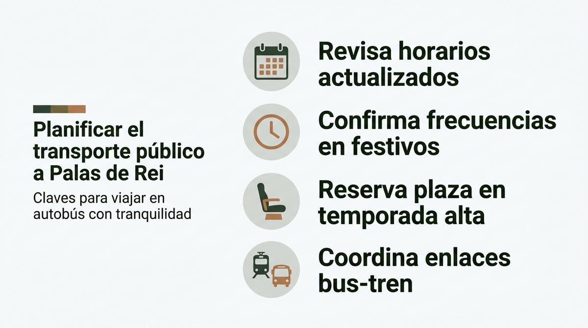 Checklist visual con consejos para planificar el viaje en autobús hasta Palas de Rei.