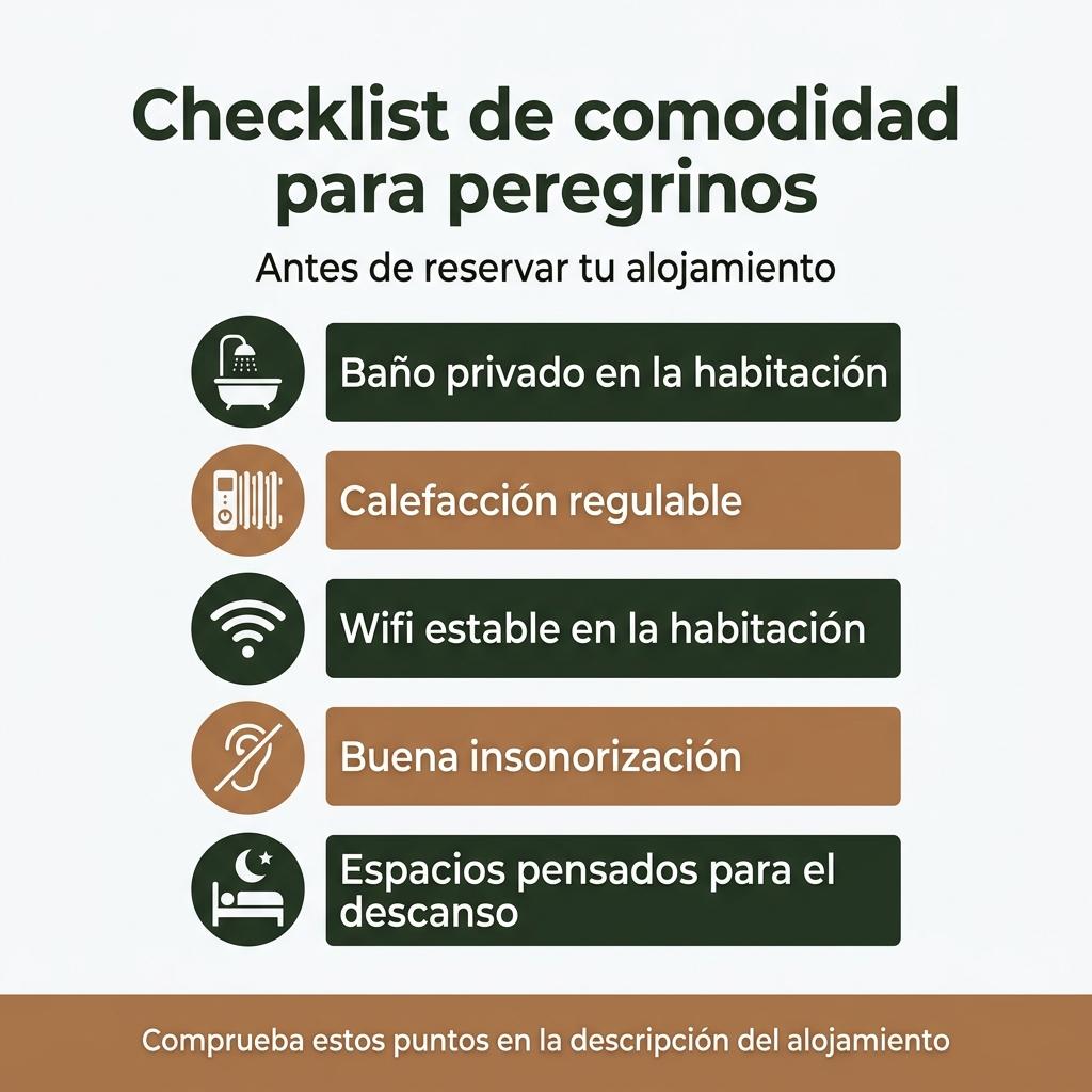 Checklist visual con los elementos esenciales para un alojamiento cómodo para peregrinos.