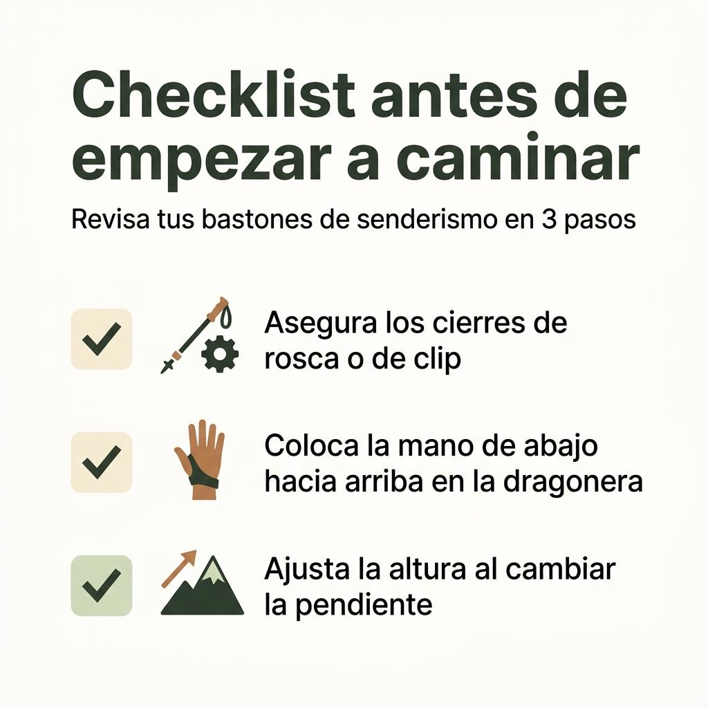 Checklist visual con tres pasos básicos para revisar los bastones de senderismo antes de la ruta.