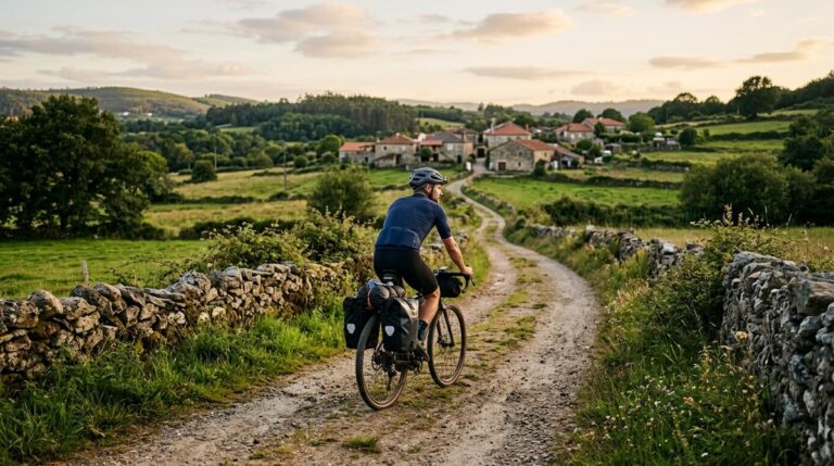 Ciclista Peregrino Con Alforjas Avanzando Por Un Camino De Tierra Humeda Hacia Un Pueblo Gallego Al Atardecer