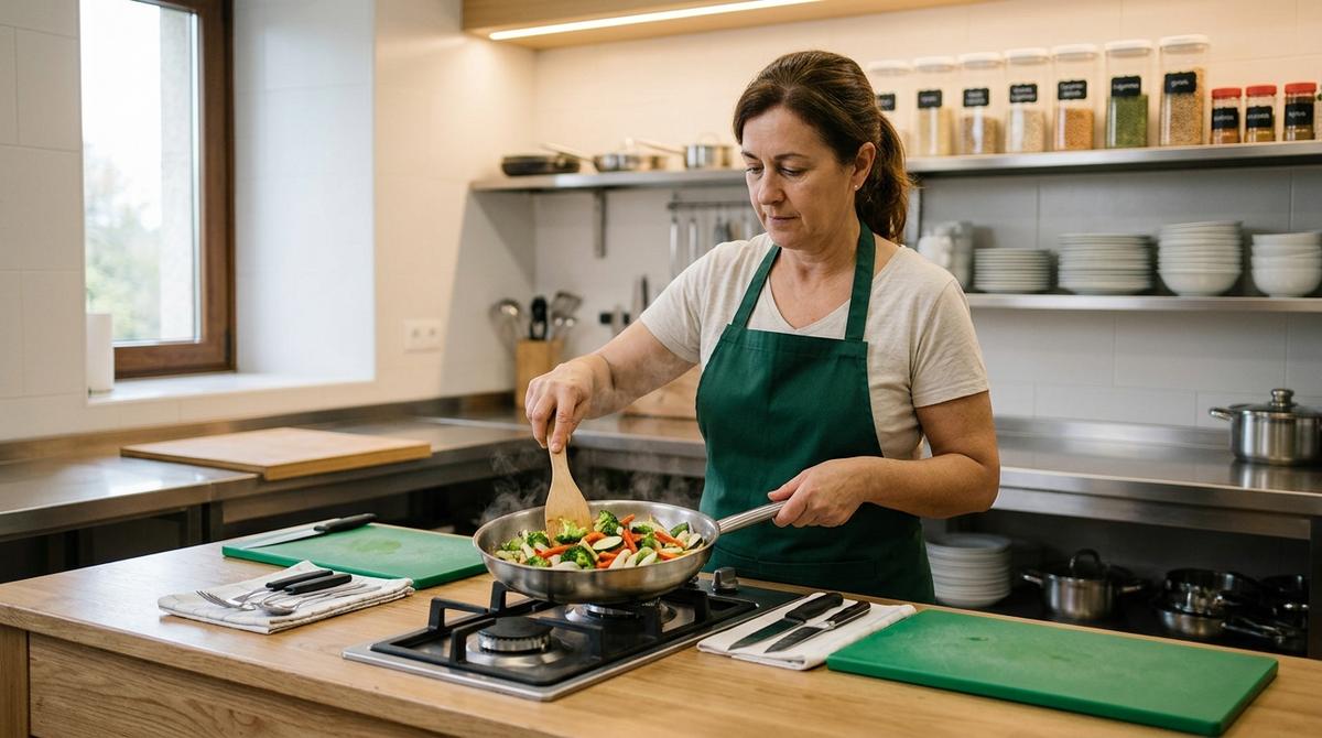 Cocinero en la cocina de un hostal rural preparando un plato sencillo con utensilios separados para evitar contaminación cruzada.
