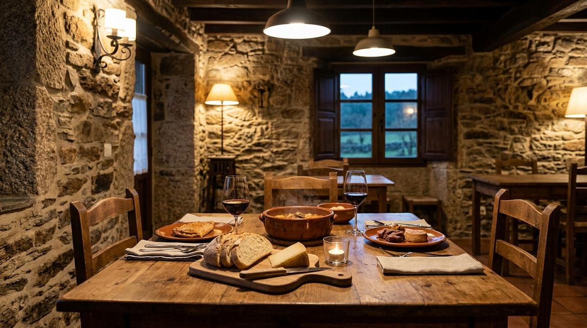 Comedor acogedor de alojamiento rural en Palas de Rei con mesa de madera servida con platos de cocina gallega