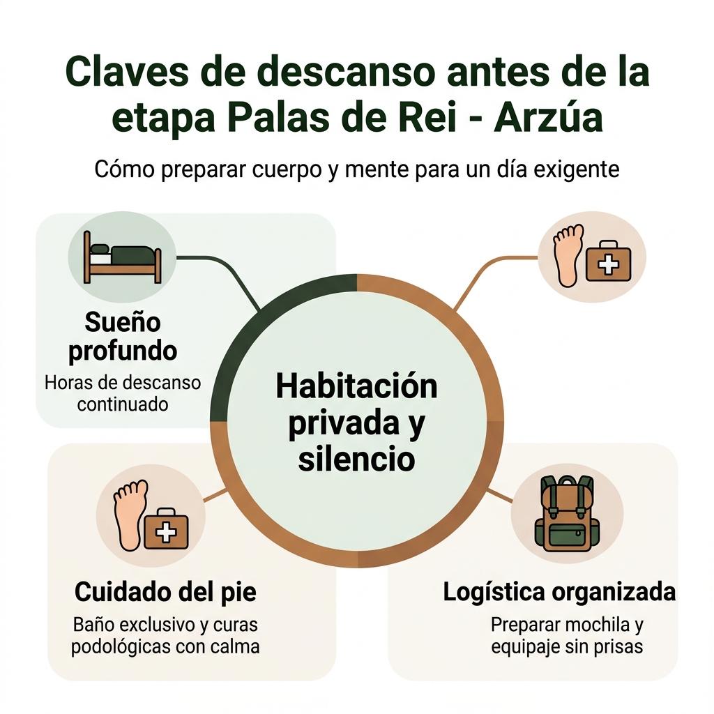 Diagrama circular con las claves de descanso y logística antes de la etapa entre Palas de Rei y Arzúa.