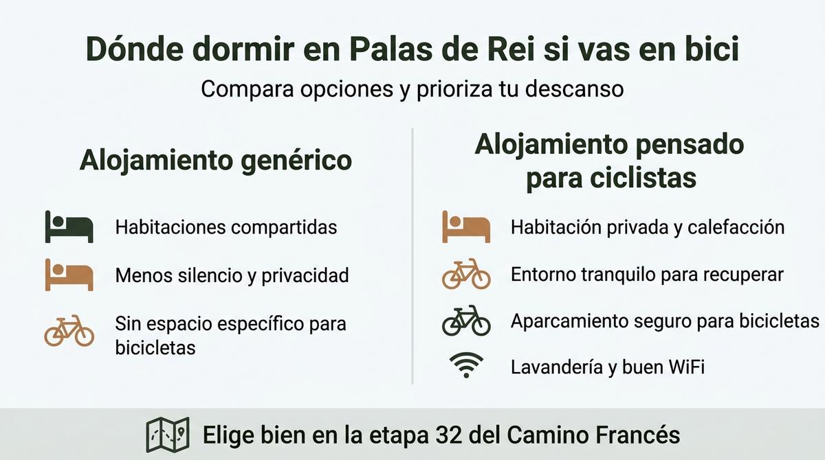 Diagrama comparativo de tipos de alojamiento en Palas de Rei para peregrinos en bicicleta.