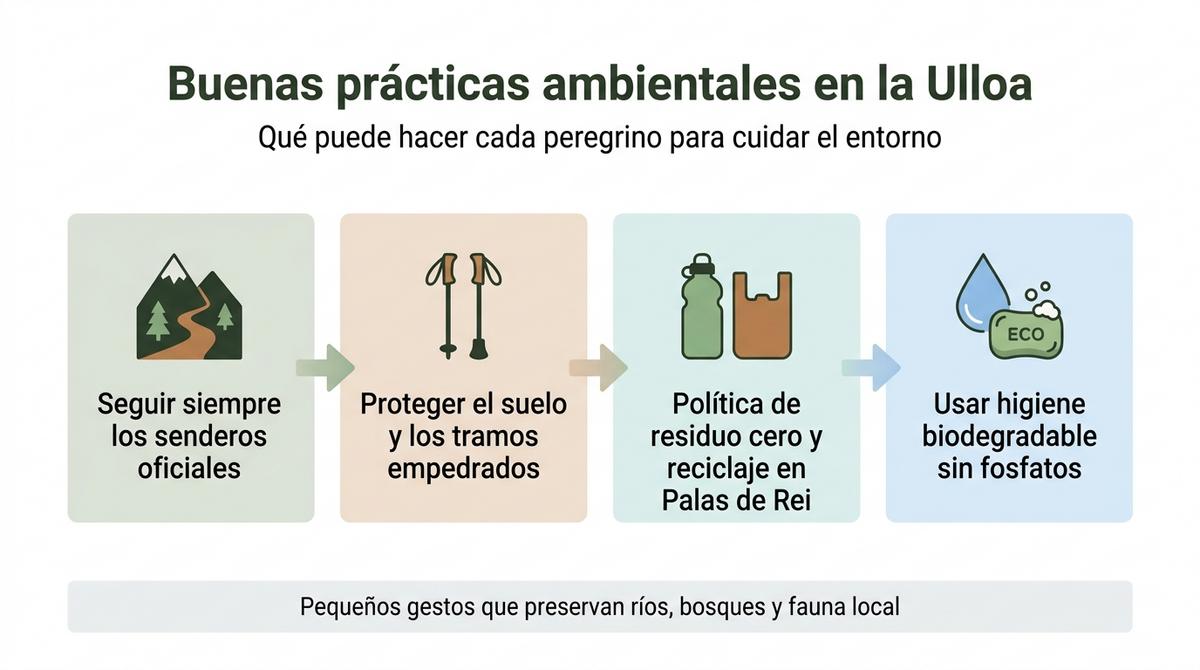Diagrama con cuatro bloques que resumen buenas prácticas ambientales para peregrinos en la Ulloa.