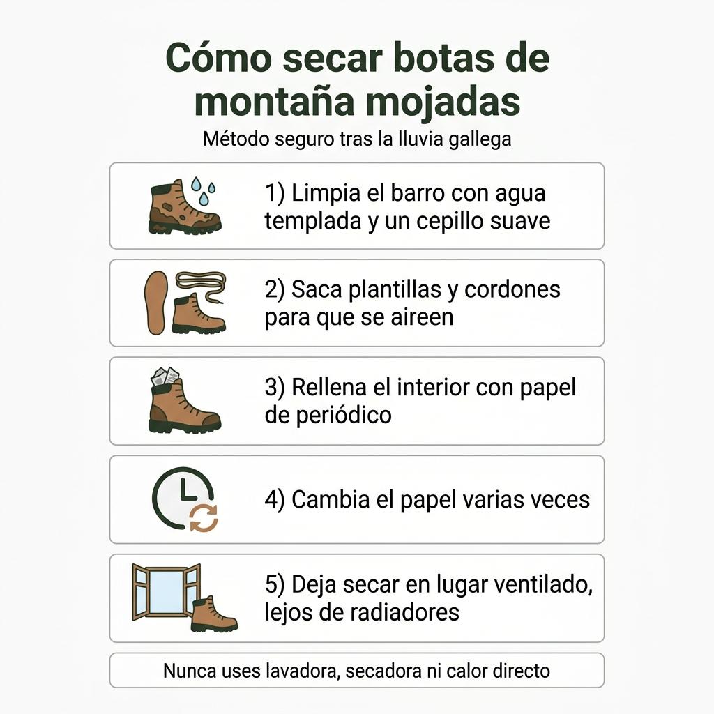 Diagrama con los pasos recomendados para secar correctamente unas botas de montaña mojadas