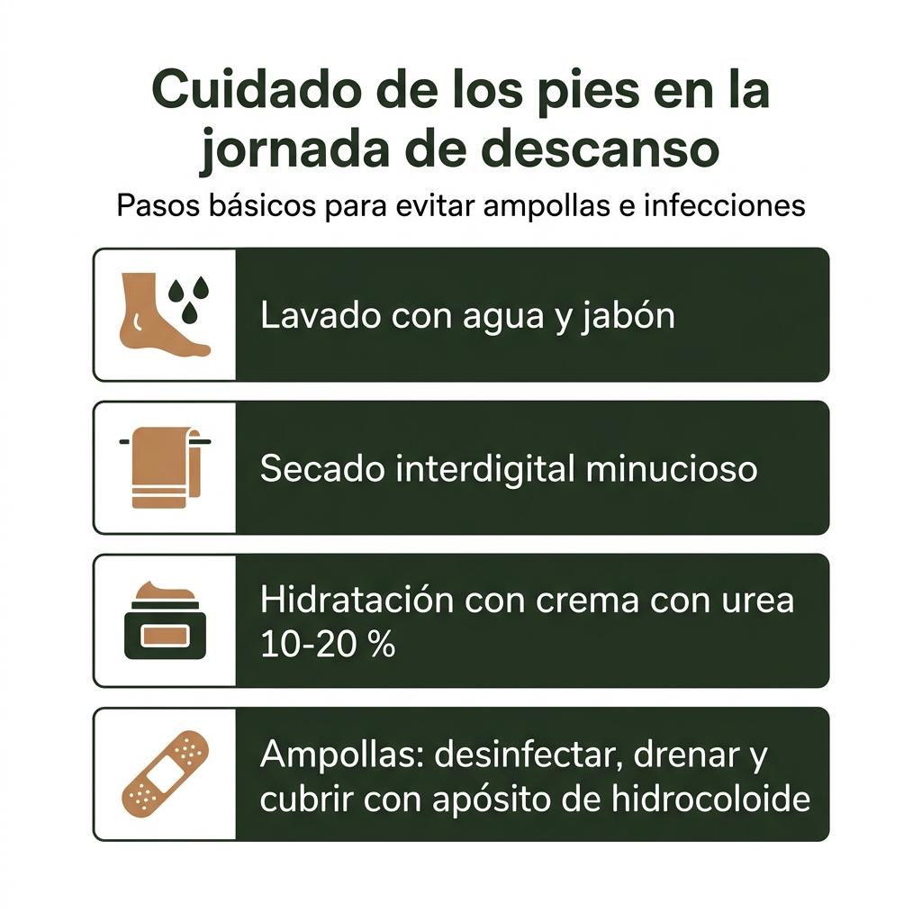 Diagrama con pasos básicos para cuidar los pies y tratar las ampollas durante el descanso en Palas de Rei