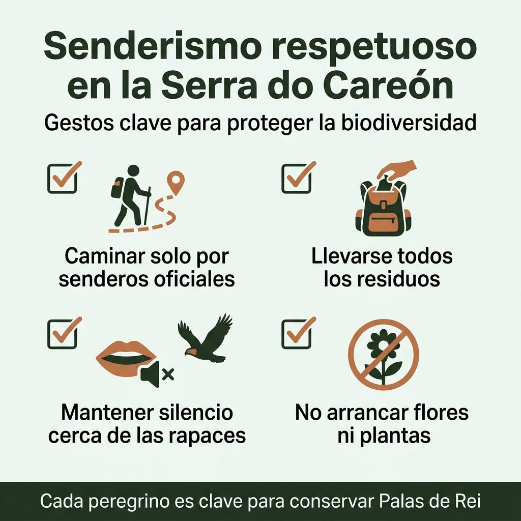Diagrama con recomendaciones de senderismo responsable para proteger la biodiversidad en la Serra do Careón