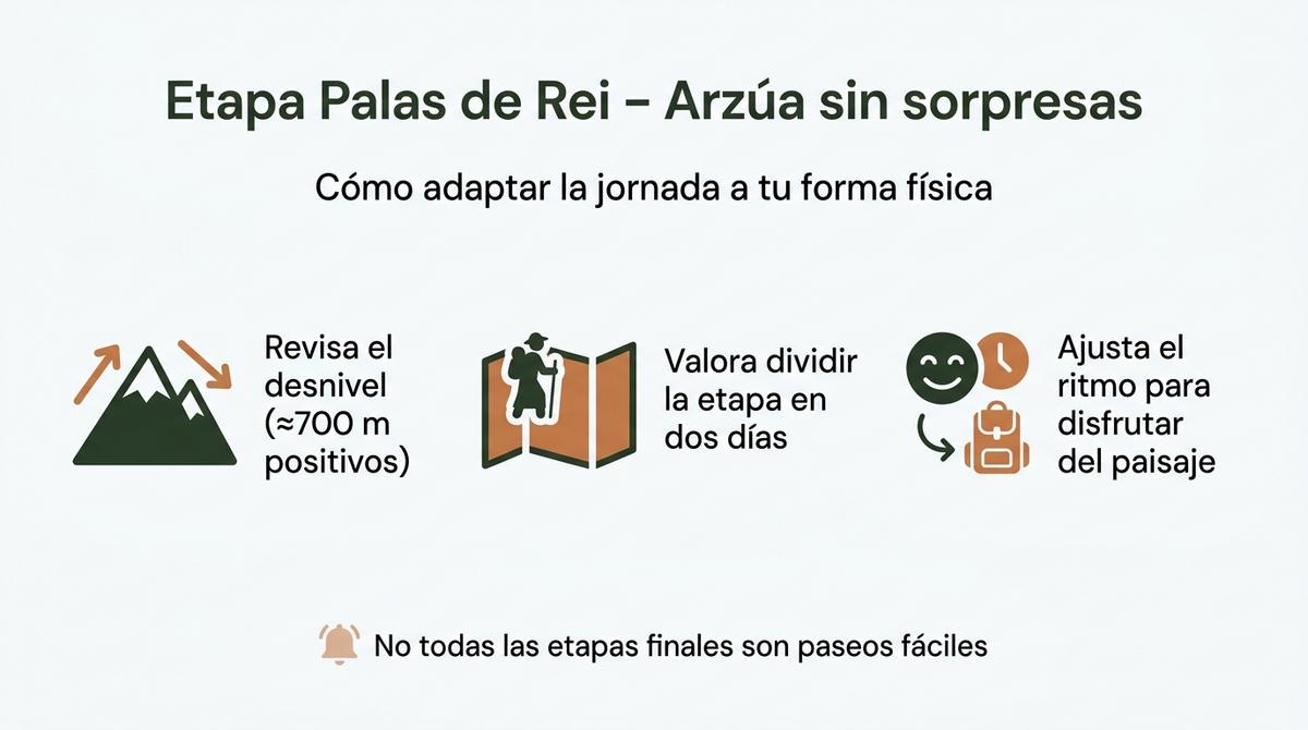 Diagrama con recomendaciones para planificar la etapa entre Palas de Rei y Arzúa según el desnivel y la fatiga.