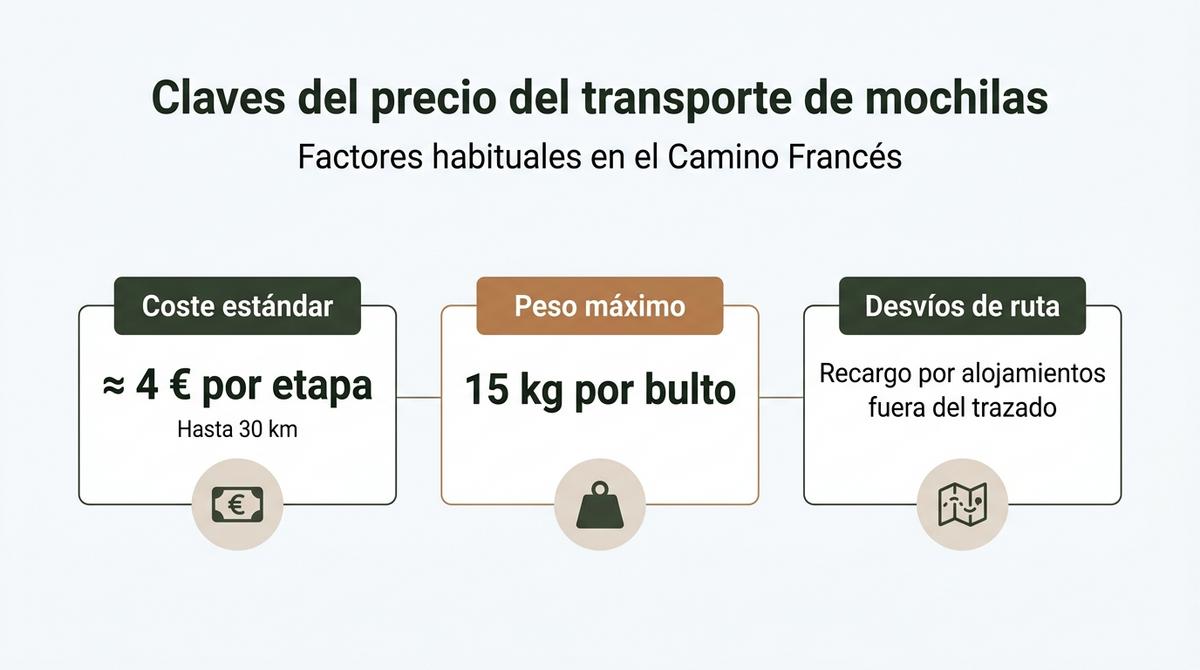 Diagrama con tres bloques que resumen coste estándar, peso máximo y recargos por desvíos en el transporte de mochilas en Galicia.