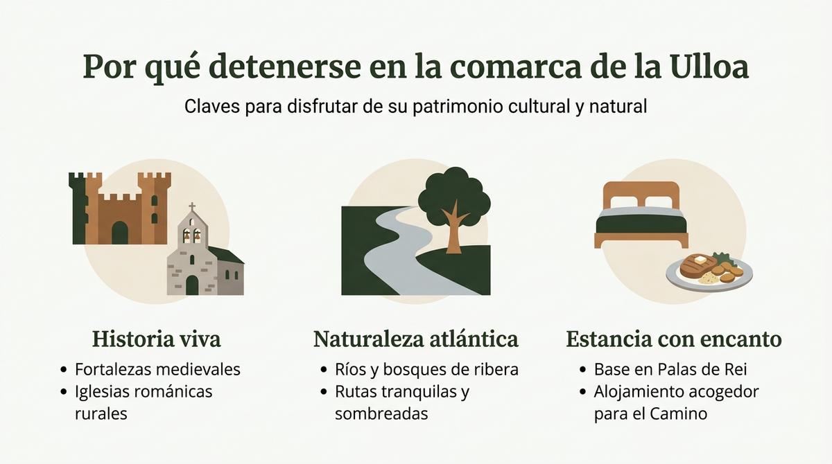 Diagrama con tres bloques que resumen historia, naturaleza y alojamiento en la comarca de la Ulloa.