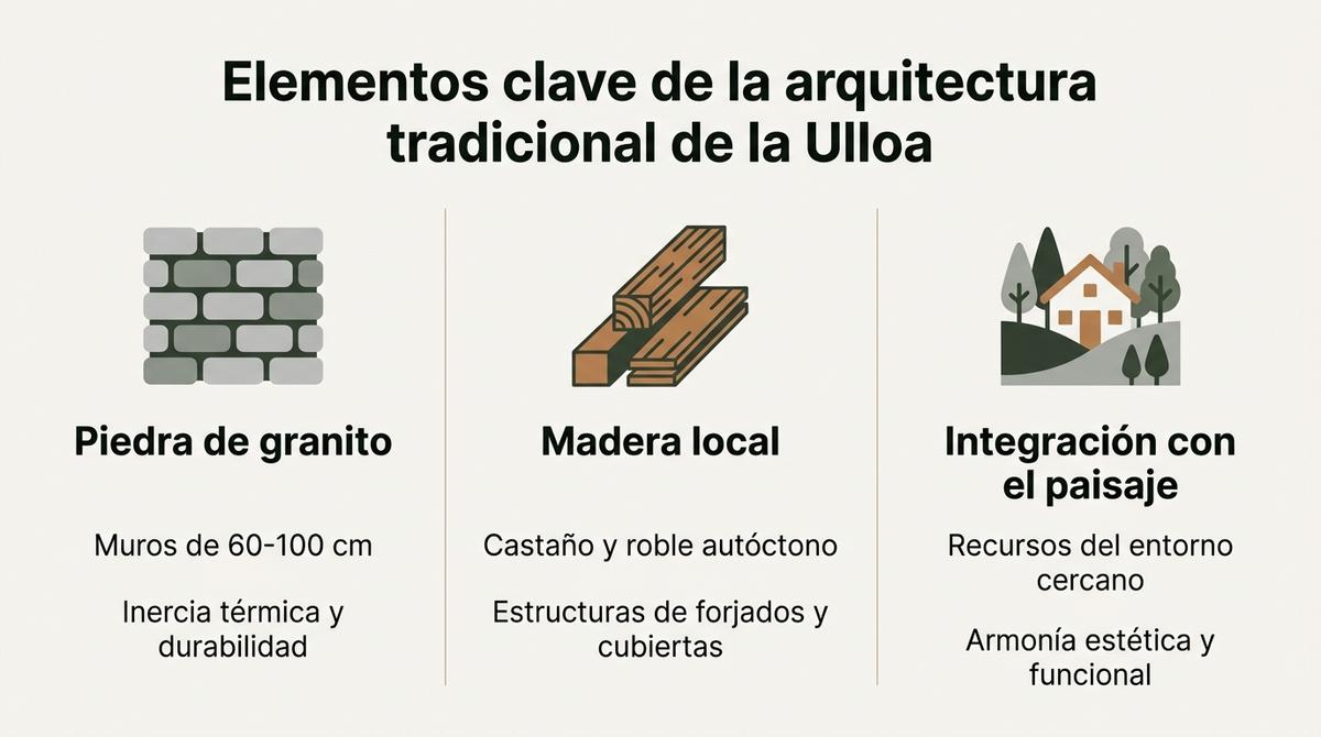 Diagrama con tres columnas que destacan piedra de granito, madera local e integración con el paisaje en la arquitectura tradicional de la Ulloa.