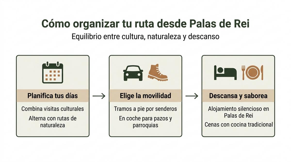 Diagrama con tres pasos para planificar rutas desde Palas de Rei combinando cultura, naturaleza y descanso.