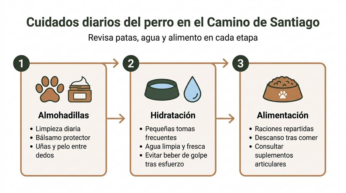 Diagrama con tres pasos que resume los cuidados diarios del perro durante el Camino de Santiago