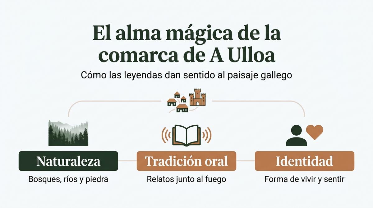 Diagrama conceptual que relaciona naturaleza, tradición oral e identidad en la comarca de A Ulloa.