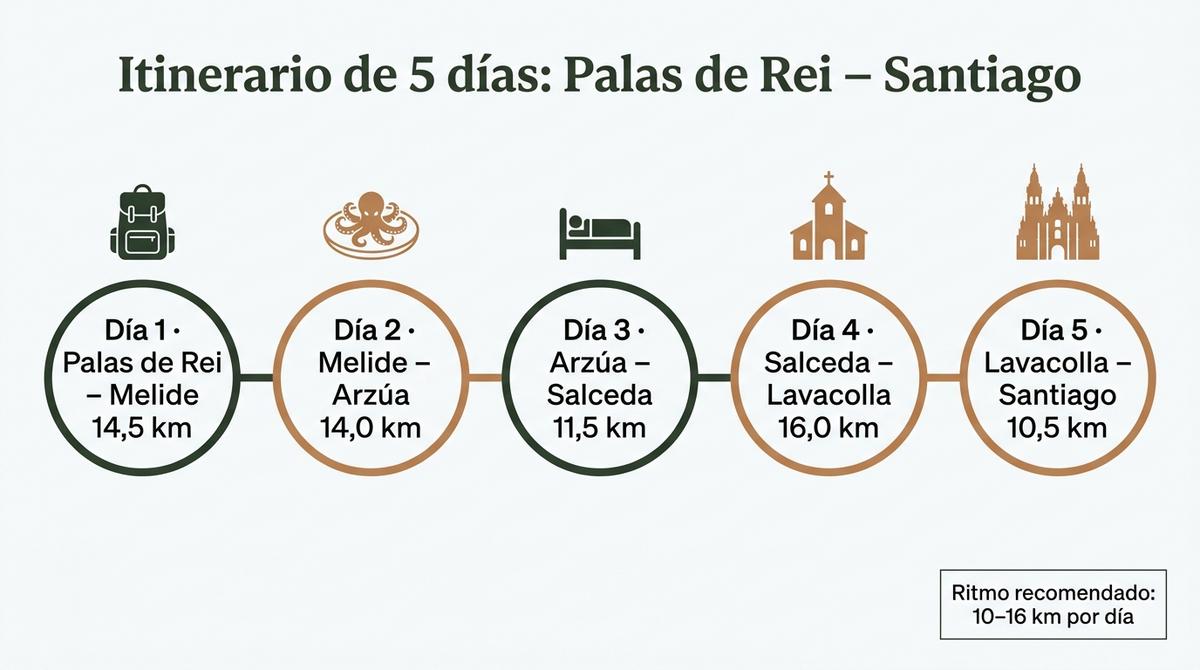 Diagrama de etapas que muestra un recorrido de cinco días desde Palas de Rei hasta Santiago con distancias aproximadas.