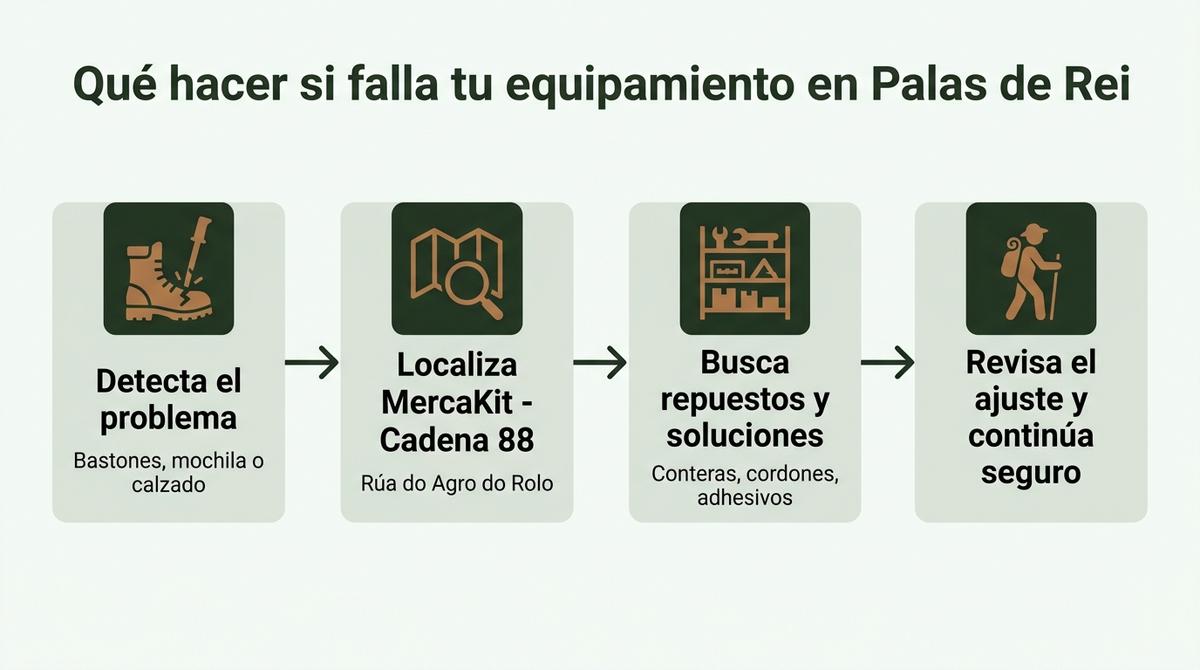 Diagrama de flujo con cuatro pasos para solucionar averías en el equipamiento del peregrino en Palas de Rei.