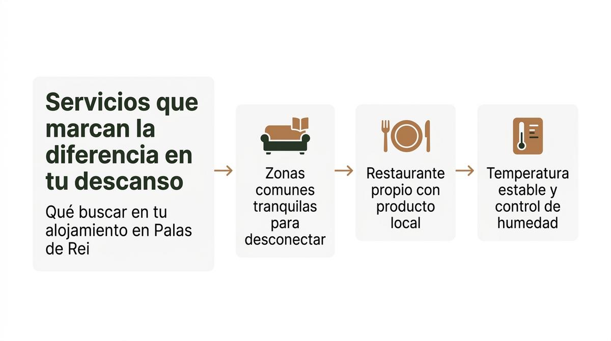 Diagrama de flujo con los servicios esenciales que mejoran el descanso en un alojamiento de Palas de Rei