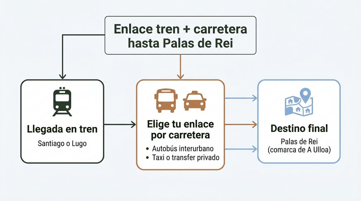 Diagrama de flujo que muestra el enlace del viaje en tren con autobús o taxi hasta Palas de Rei.