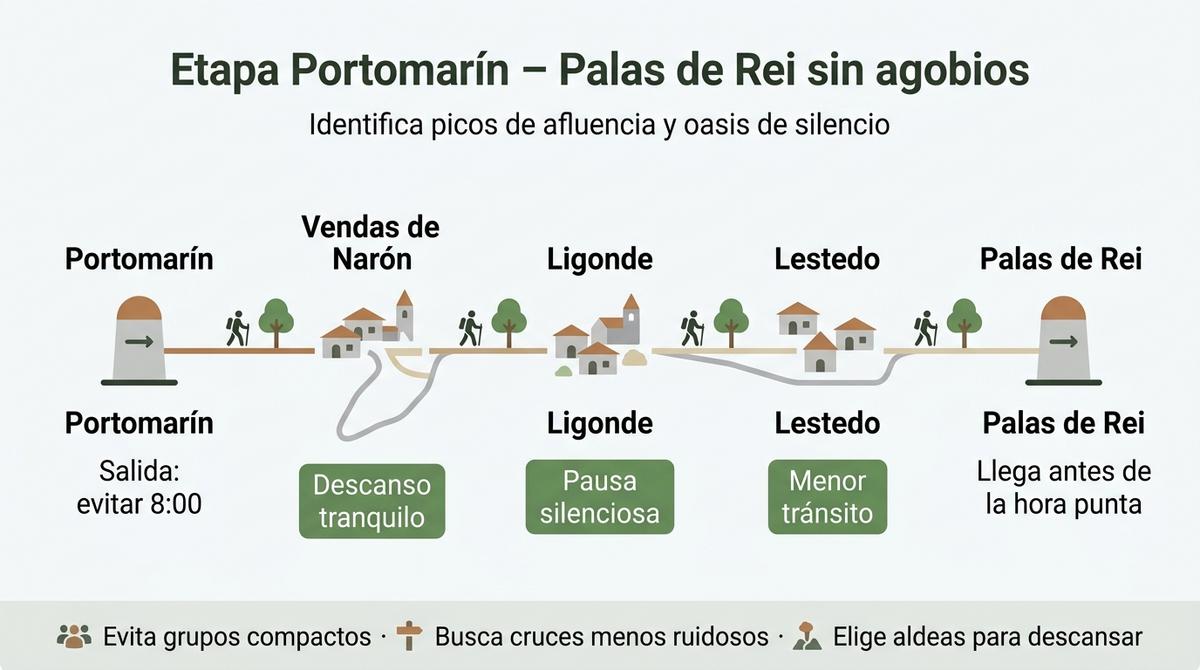 Diagrama de la etapa entre Portomarín y Palas de Rei con aldeas tranquilas y recomendaciones de horarios.