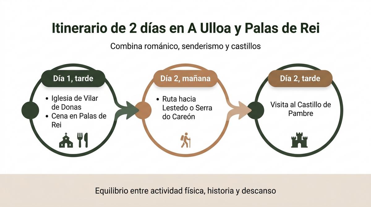 Diagrama de ruta de dos días por Palas de Rei con visitas culturales y senderismo en A Ulloa