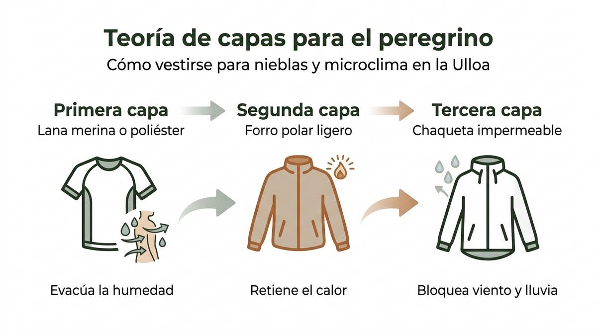 Diagrama de tres columnas que resume la teoría de capas para vestirse frente a nieblas y microclima gallego.