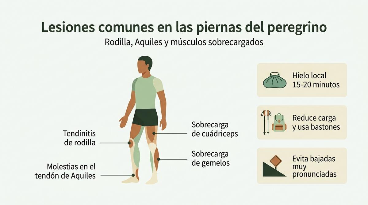 Diagrama de un cuerpo humano señalando rodillas, tendón de Aquiles, cuádriceps y gemelos como zonas de lesión frecuente en el Camino.