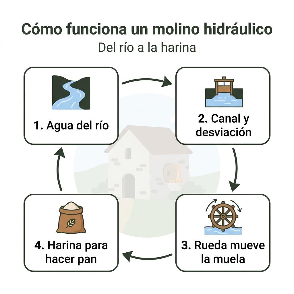 Diagrama del proceso del agua en un molino hidráulico desde el río hasta la obtención de harina.