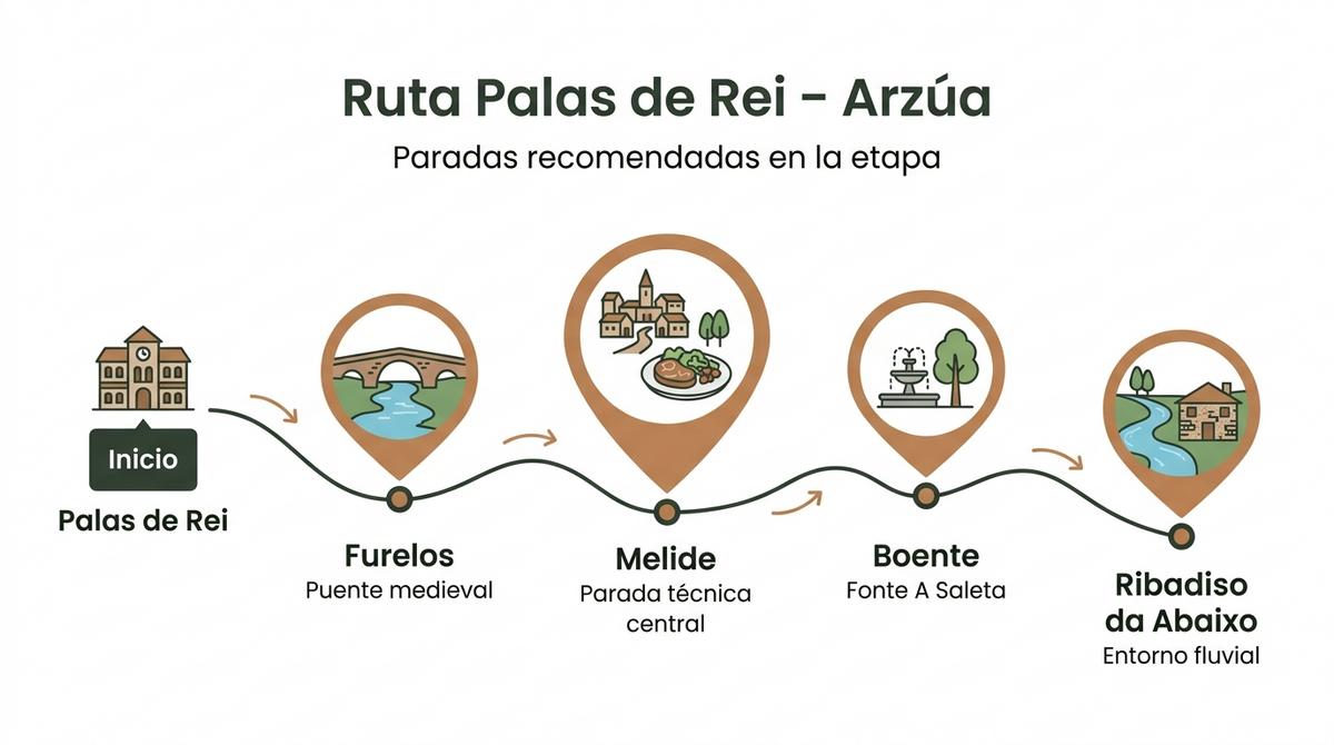 Diagrama del recorrido con las principales paradas entre Palas de Rei y Arzúa