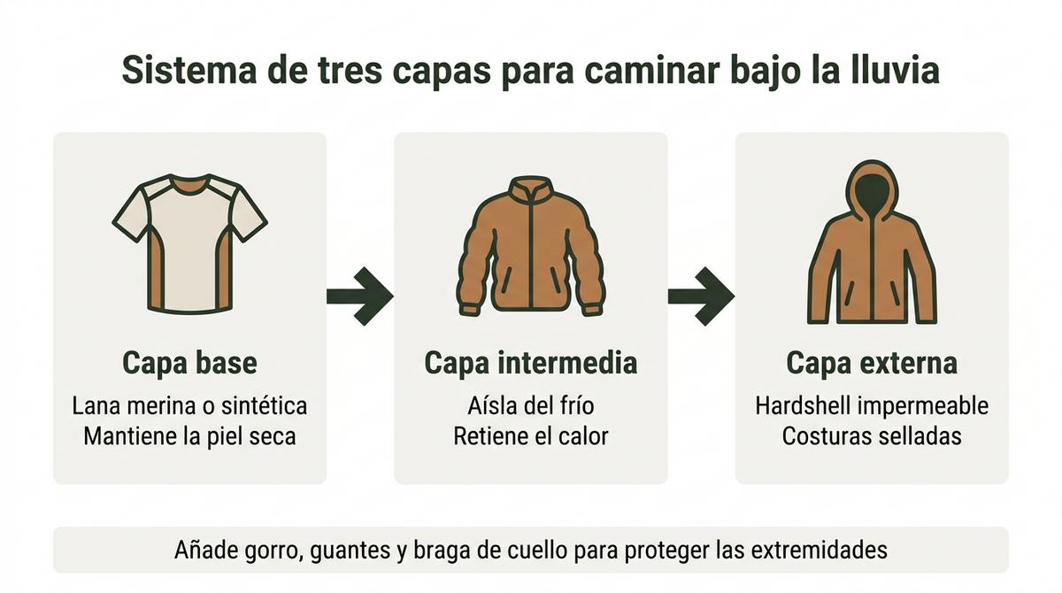 Diagrama del sistema de tres capas de ropa para caminar bajo la lluvia en el Camino de Santiago.