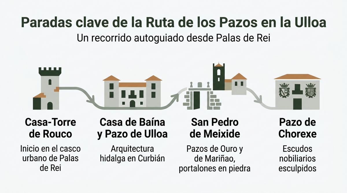 Diagrama en forma de ruta con las principales paradas de los pazos en la comarca de la Ulloa