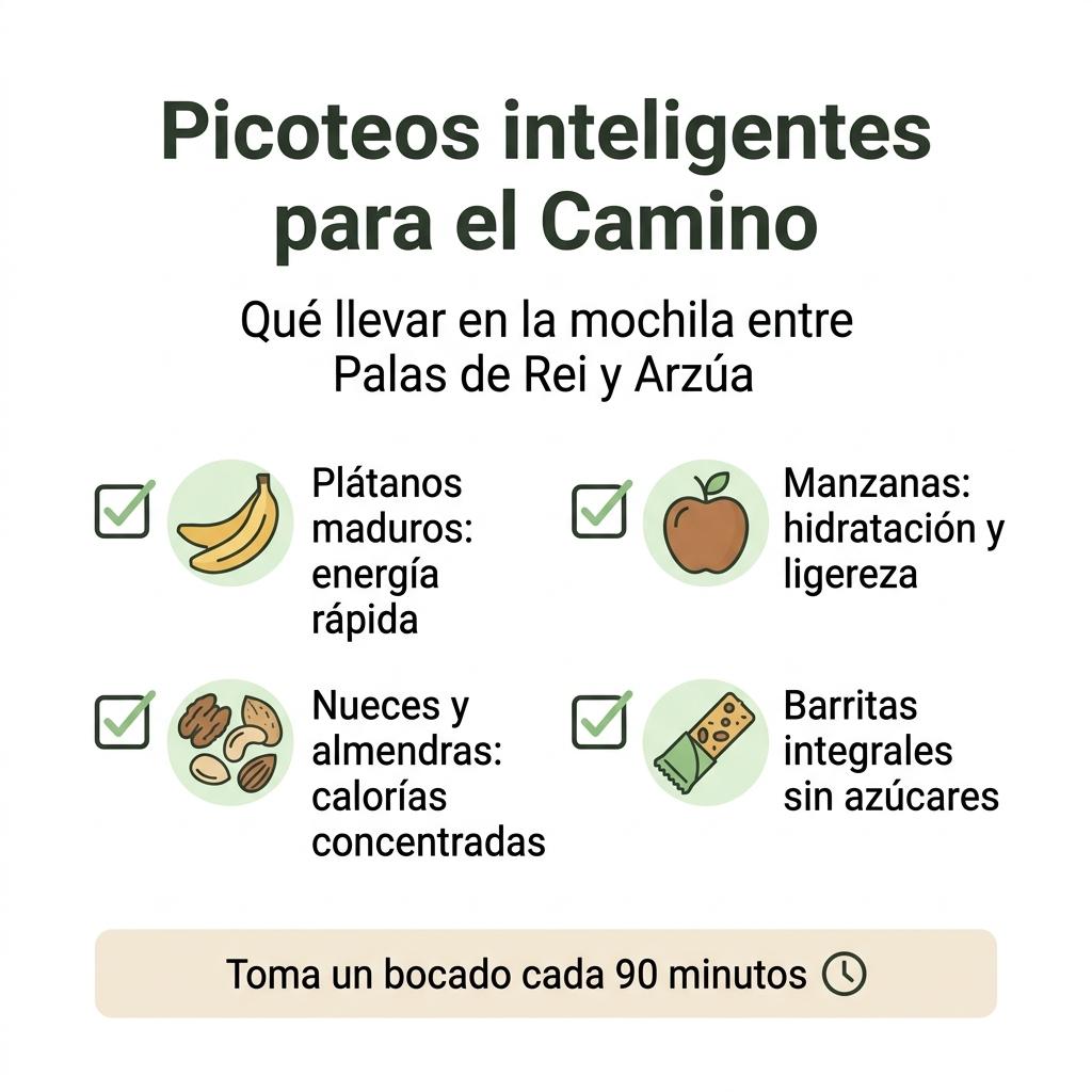 Diagrama en formato checklist con los alimentos recomendados como tentempié para el peregrino durante la etapa entre Palas de Rei y Arzúa.