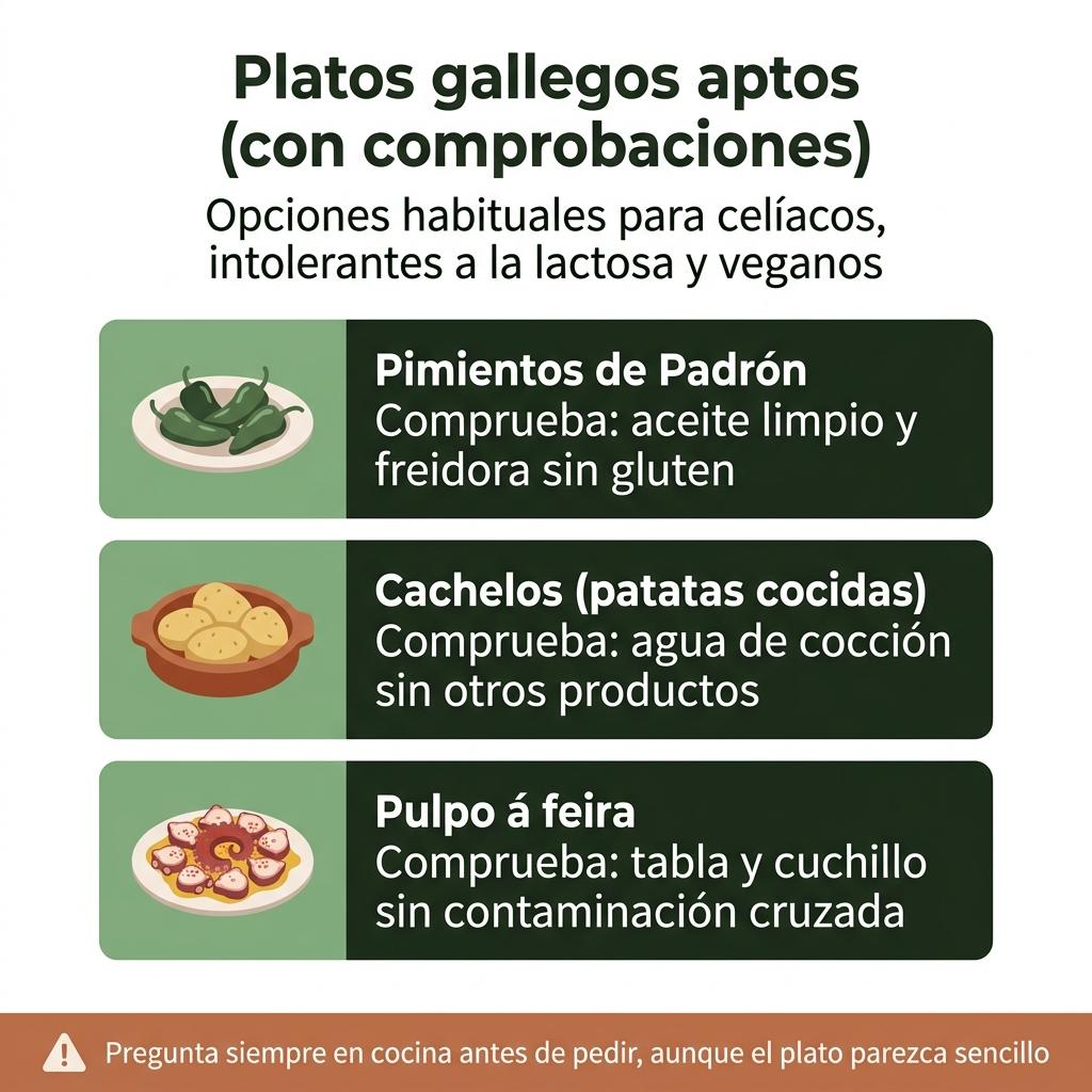 Diagrama en formato checklist sobre platos típicos gallegos y las comprobaciones necesarias para evitar alérgenos.