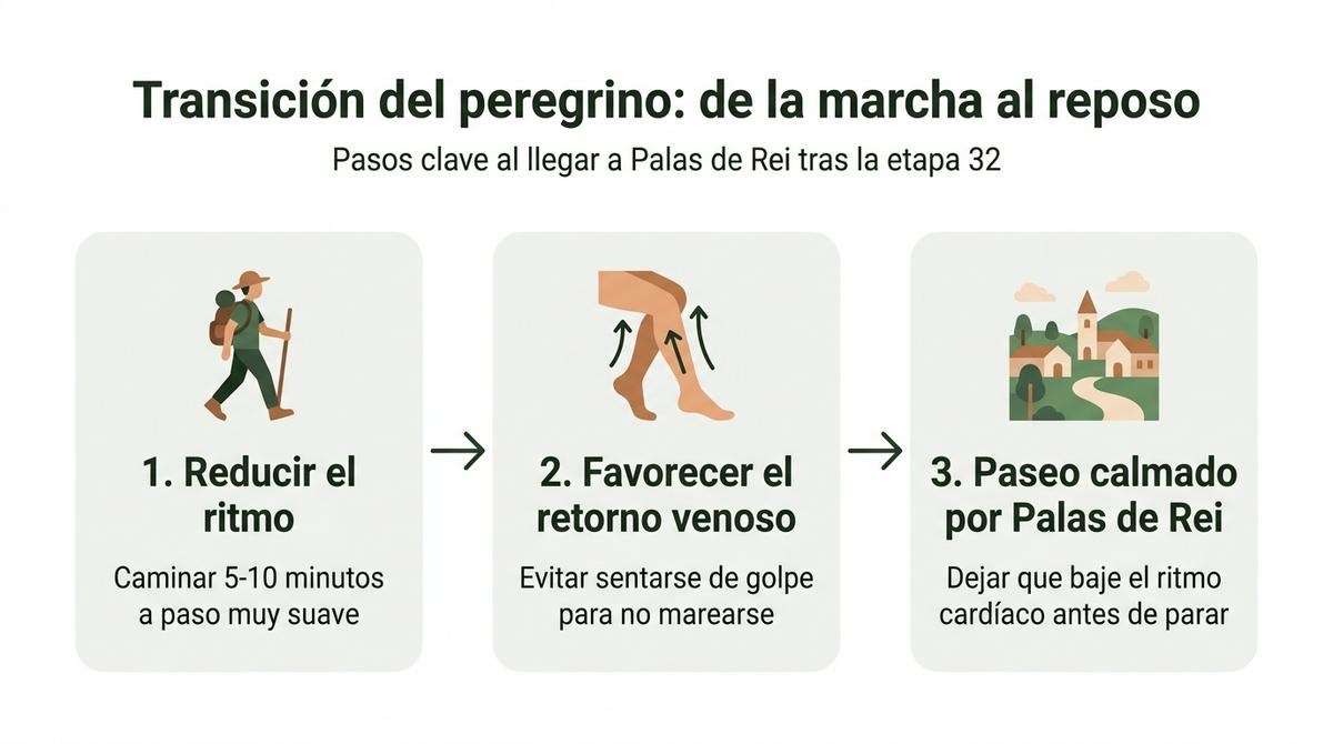 Diagrama ilustrado con los pasos para pasar de la marcha al reposo activo al llegar a Palas de Rei.