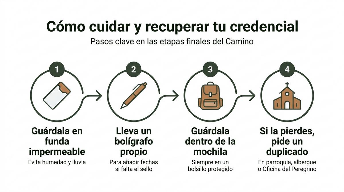 Diagrama paso a paso con recomendaciones para proteger y recuperar la credencial del Camino
