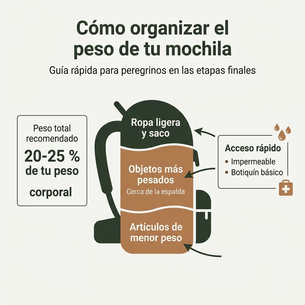 Diagrama que explica cómo distribuir el peso y el contenido en la mochila del peregrino.