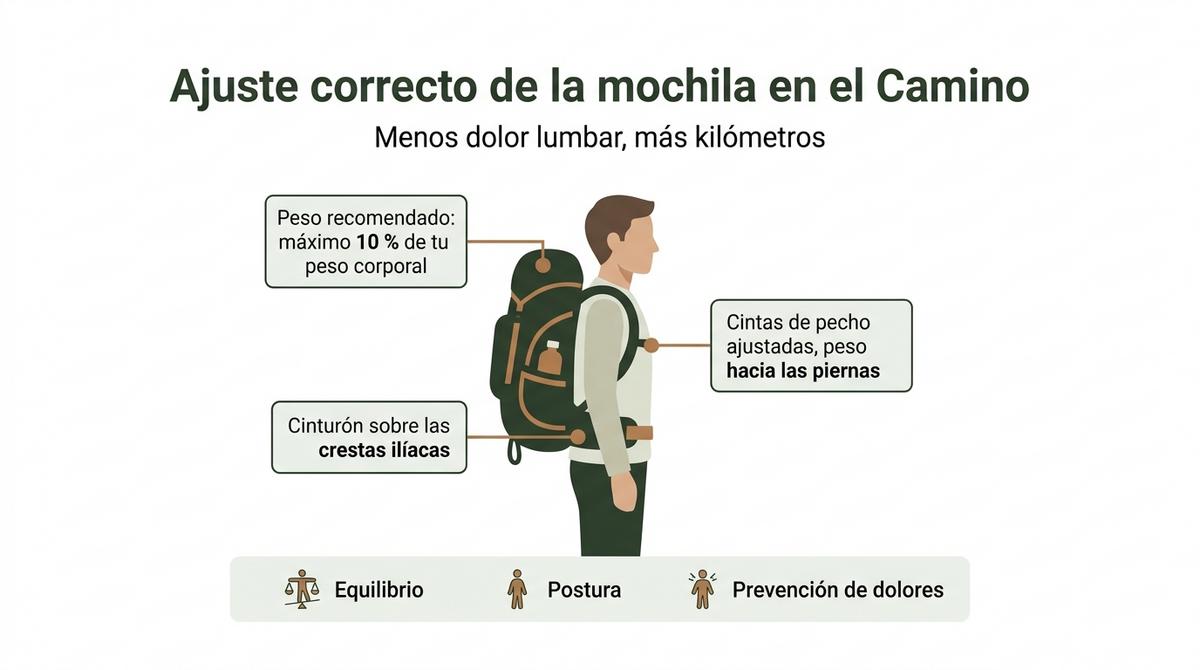Diagrama que muestra el ajuste correcto de la mochila para evitar dolores lumbares en el Camino de Santiago