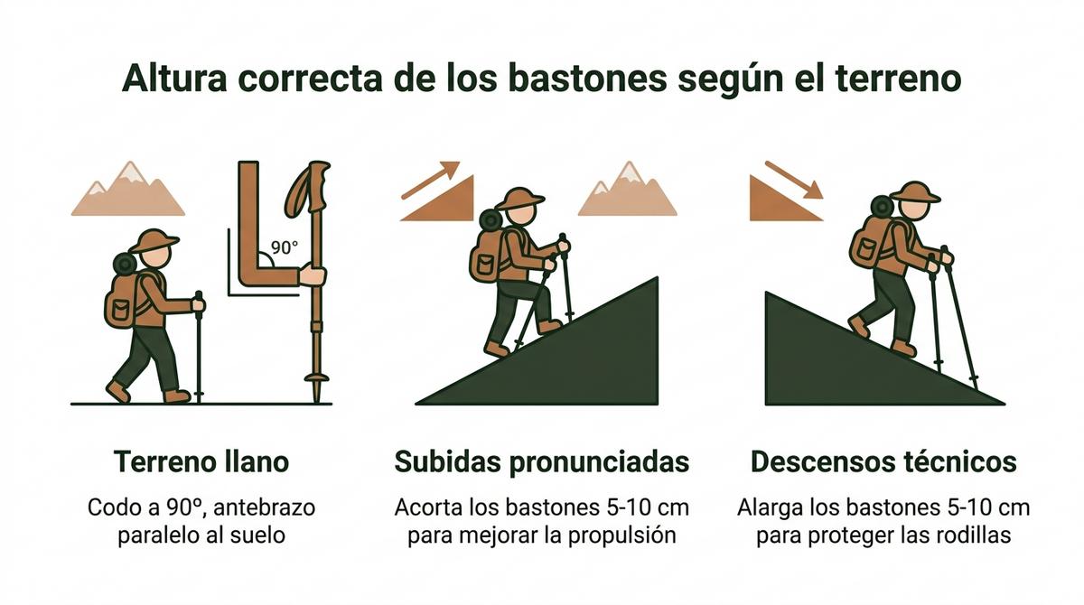 Diagrama que muestra la altura adecuada de los bastones de senderismo en llano, subidas y bajadas.