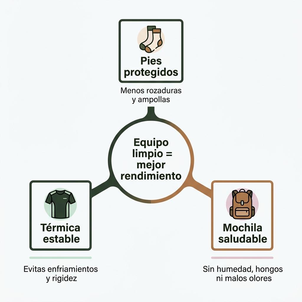 Diagrama que relaciona la higiene del equipo del peregrino con la protección de los pies, la temperatura corporal y la mochila