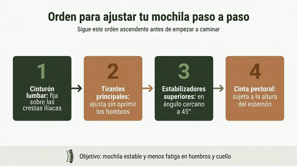 Diagrama que resume el orden de ajuste de las correas de la mochila para lograr una carga estable.