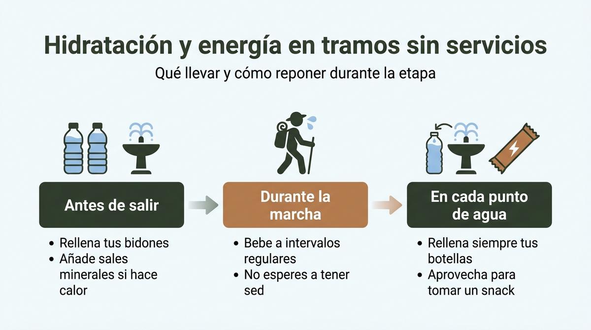 Diagrama que resume en tres pasos la estrategia de hidratación y reposición de energía en tramos del Camino de Santiago sin servicios.