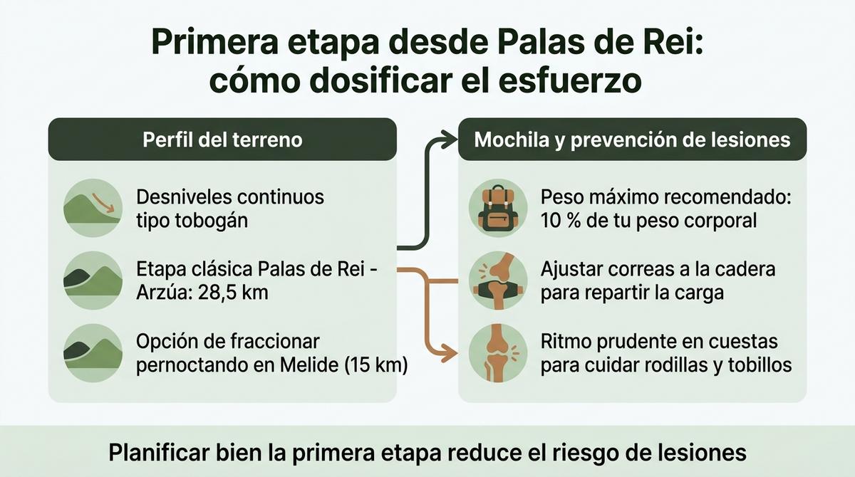 Diagrama que resume la planificación de la primera etapa desde Palas de Rei y el peso recomendado de la mochila