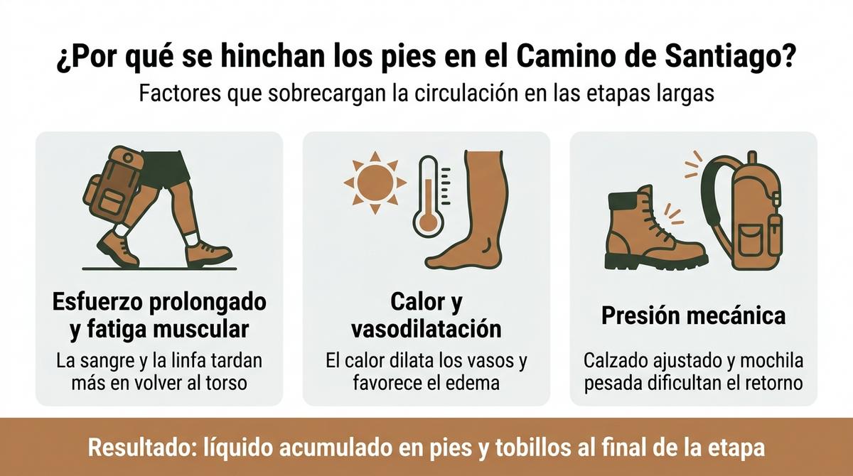 Diagrama que resume las principales causas de los pies hinchados durante el Camino de Santiago.