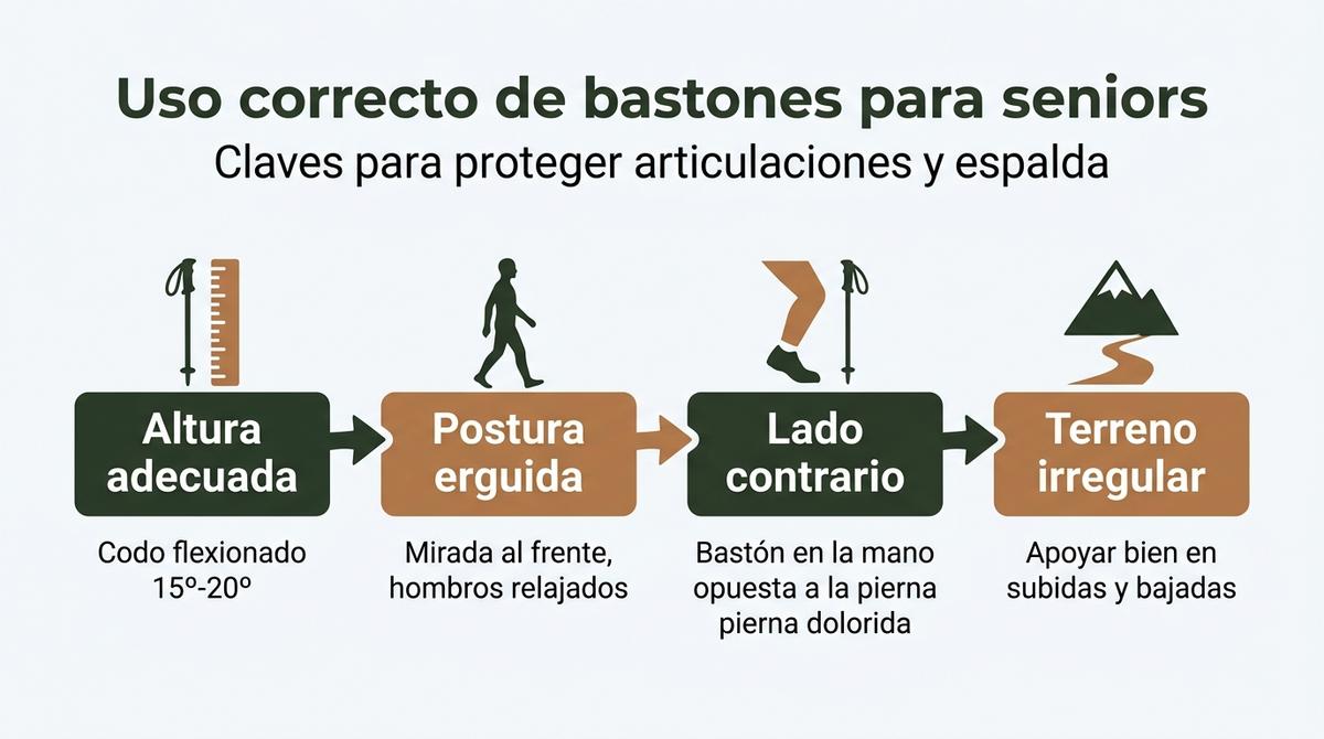 Diagrama que resume los pasos clave para que un peregrino senior use correctamente los bastones de marcha