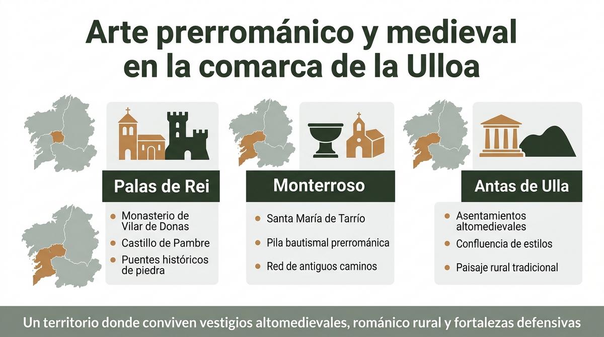 Diagrama que sitúa Palas de Rei, Monterroso y Antas de Ulla y resume su patrimonio altomedieval y románico