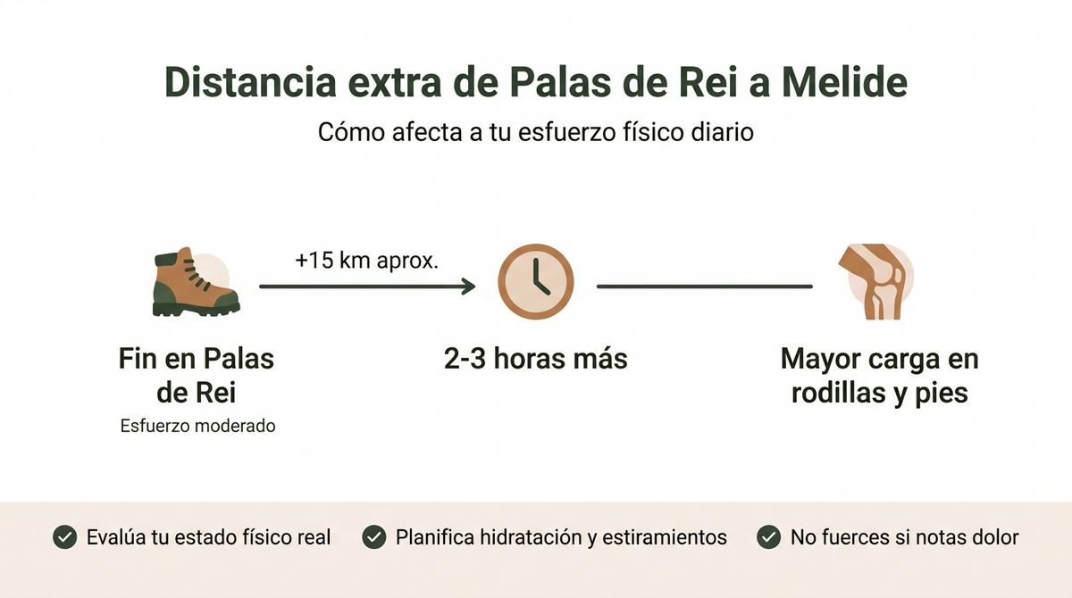 Diagrama sobre la distancia extra y el esfuerzo físico de alargar la etapa de Palas de Rei hasta Melide