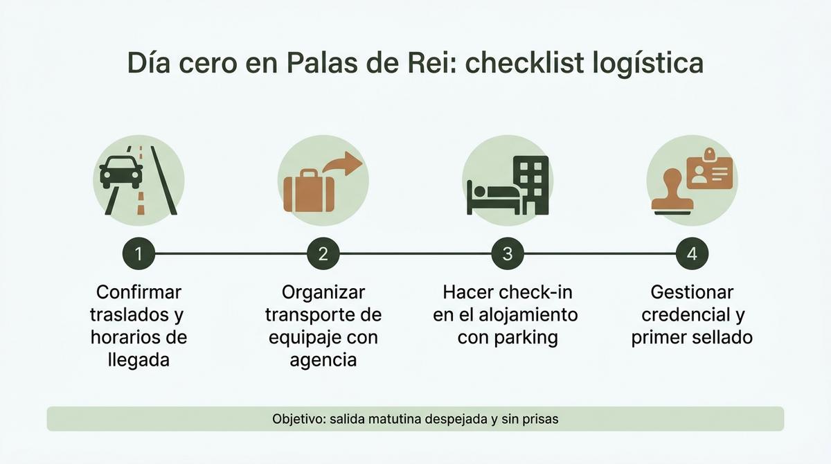 Diagrama tipo checklist con los pasos logísticos clave del día cero en Palas de Rei antes de empezar a caminar